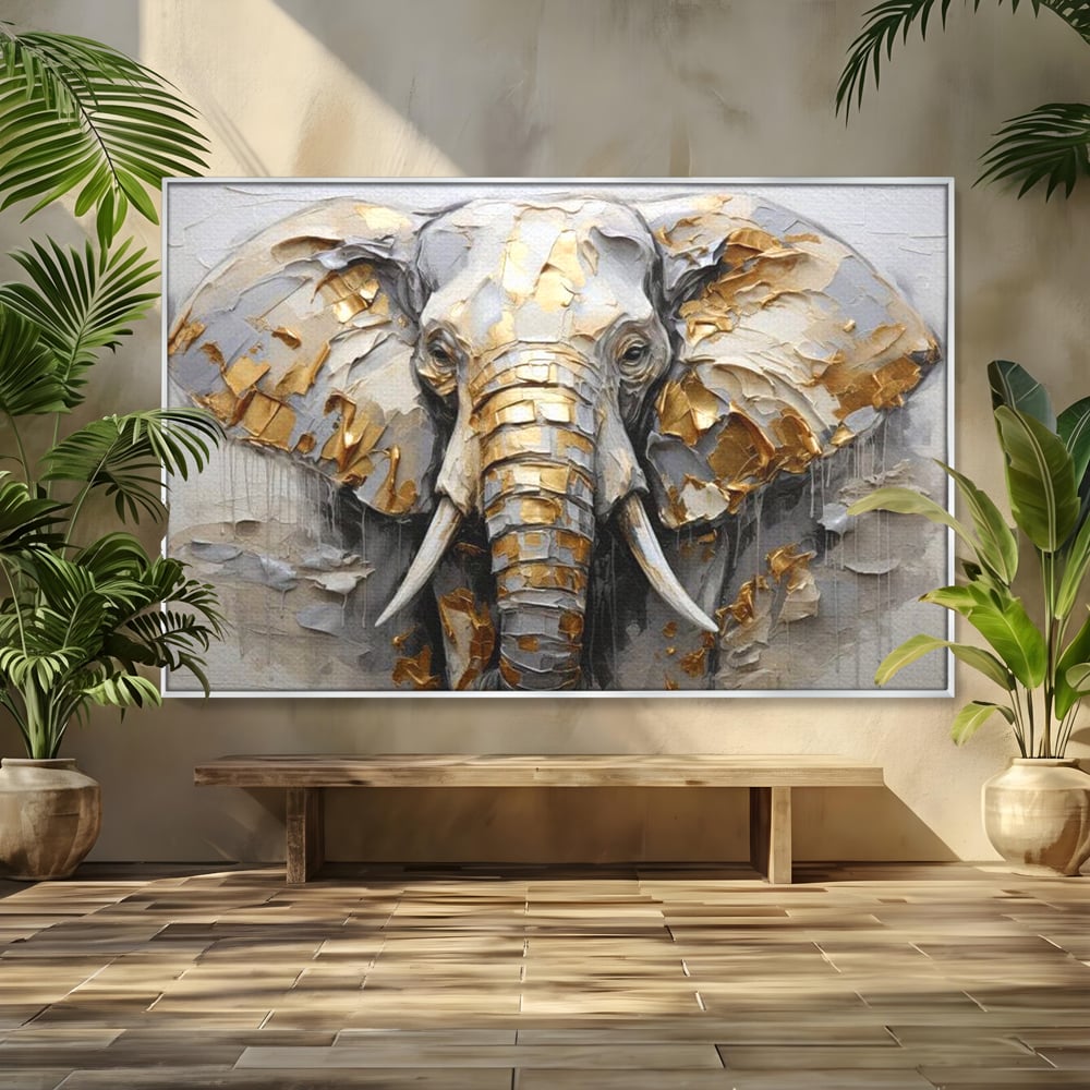 Tablou canvas cu tablou canvas cu cap de elefant in relief si insertii aurii, in rama de aluminiu argintiu
